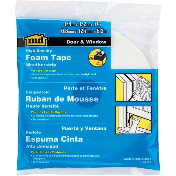M-D Building Products 1/2in. W x 1/4in. T x 17' L White Foam Weatherstrip Tape 02758 - main
